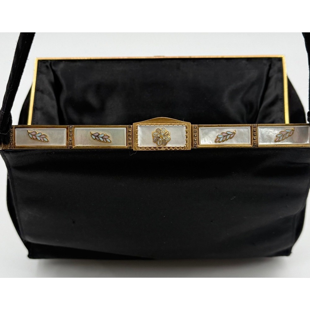 VTG Koret Black Satin Evening Bag Mother of Pearl Enamel Frame Gold Tone Clutch - Picture 5 of 12